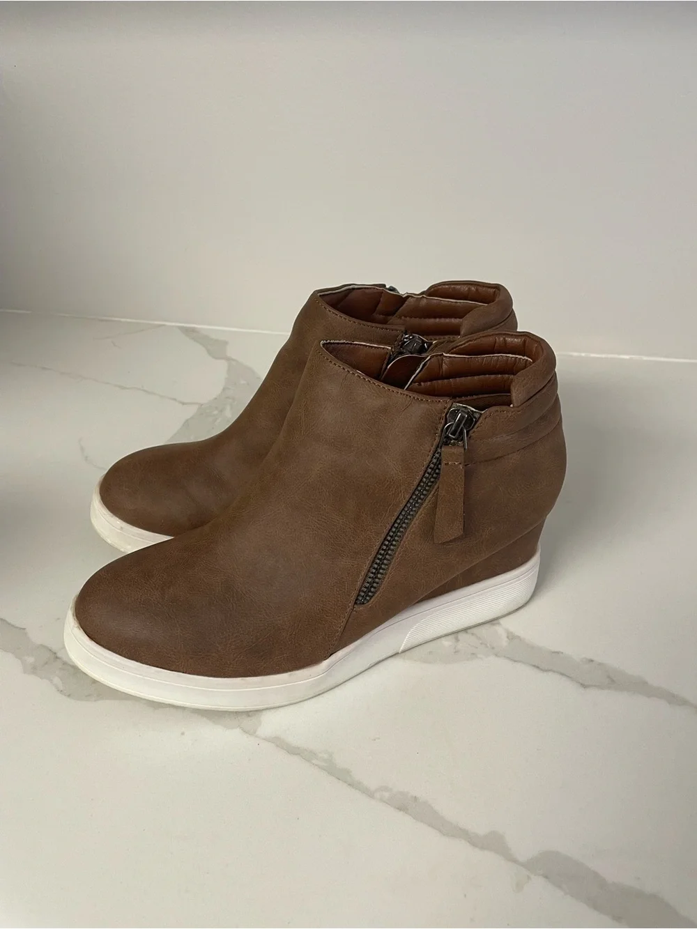 Casual Brown Wedge Ankle Sneakers with Side Zip